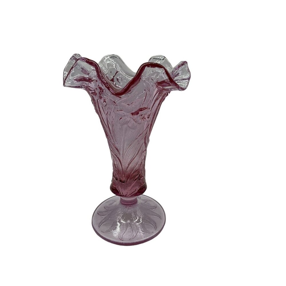 FENTON Vtg  Daffidil Floral Vase w/ Ruffled Edge & Footed Rose Pink Unique Color